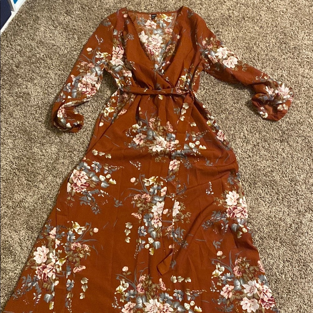 SHEIN Brown Wrap Tie Front Sundress with Bishop Sleeves
